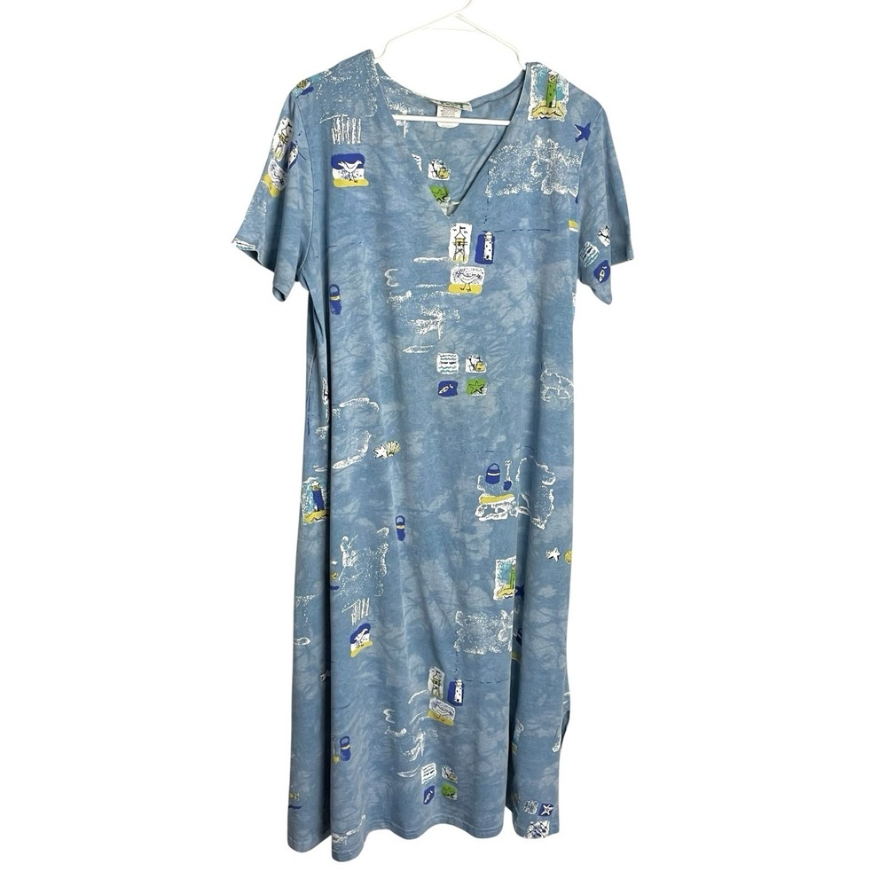 Vtg Womens Coconut Bay Nautical Midi Dress Size XL Blue‎ Knit Beach Lighthouses